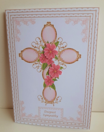 A5 pink floral cross sympathy card front by Anne Jackson