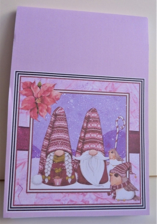 Christmas Gnomes 13: Gnome Couple 8 x 8 Card Front with Decoupage and Sentiments, Pink/Red by Anne Jackson
