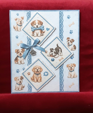 Puppy Card Kit – Diamond Panels, Blue Ribbon & Cute Best Wishes Topper by Anne Jackson
