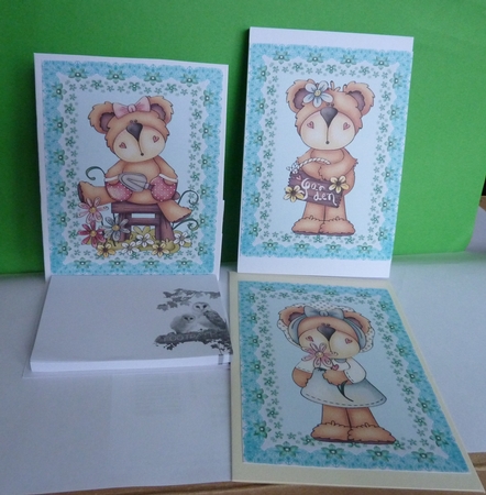 4 Blue garden teddies toppers by Anne Jackson
