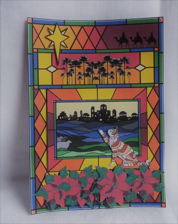 Marmalade cat in stained glass window Christmas scene with decoupage topper by Anne Jackson