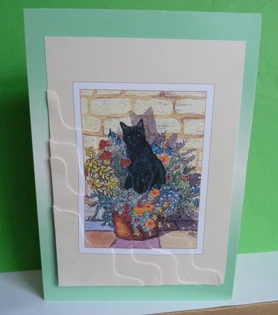 It was her favourite spot - black cat sitting in a flower pot wavy edged stacker topper by Anne Jackson