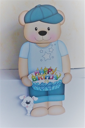 3D On the Shelf Card Kit - Cute Little Austin Bear is the Birthday Boy with ages 1 - 5 age Birthday Cake Decoupage by Anne Jackson