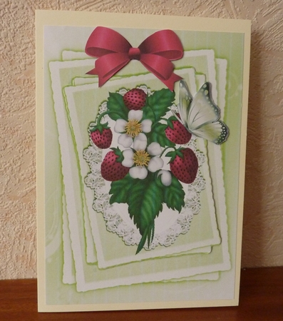 Strawberries and white flowers on lace stackers with butterflies by Anne Jackson