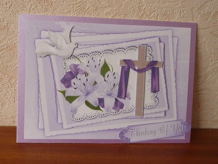 pretty lilac lilies on lace with cross thinking of you stacker by Anne Jackson