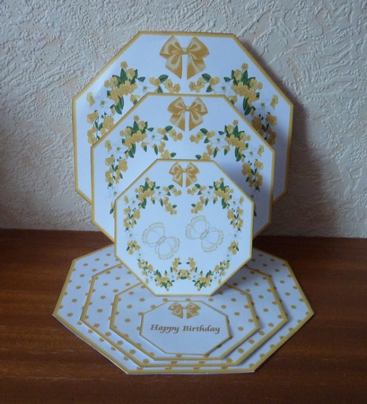 Yellow floral octagonal triple easel card and matching envelope. by Anne Jackson