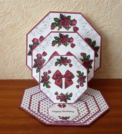 Red rose octagonal triple easel card with matching envelope by Anne Jackson