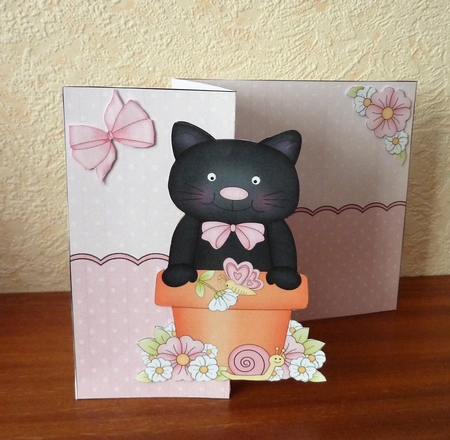 3D Shaped No-Hole Fold Back Card Kit - Flowerpot Friends - Cute Little Cat Sooty by Anne Jackson