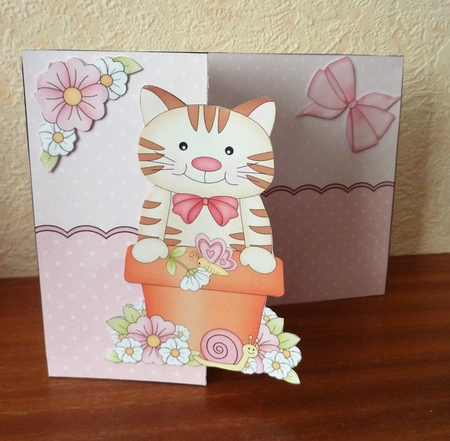 3D Shaped No-Hole Fold Back Card Kit - Flowerpot Friends - Cute Little Cat Fudge by Anne Jackson