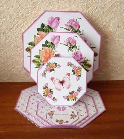 Pink rose octagonal triple easel card with matching envelope. by Anne Jackson
