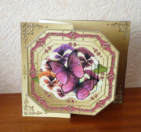 3D Shaped No-Hole Fold Back Pretty Floral Card with Pyramage Mini Kit  -  Butterfly & Pansies by Anne Jackson