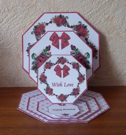 Red roses octagonal triple easel card with matching envelope. by Anne Jackson