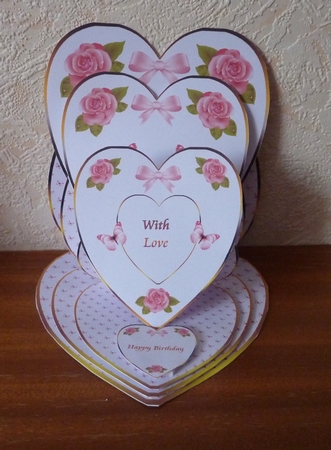 Pink floral triple heart shaped easel card with matching envelope by Anne Jackson