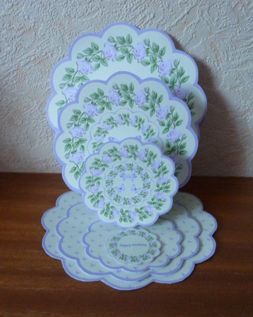 Lemon and lilac scalloped triple easel card with matching envelope. by Anne Jackson