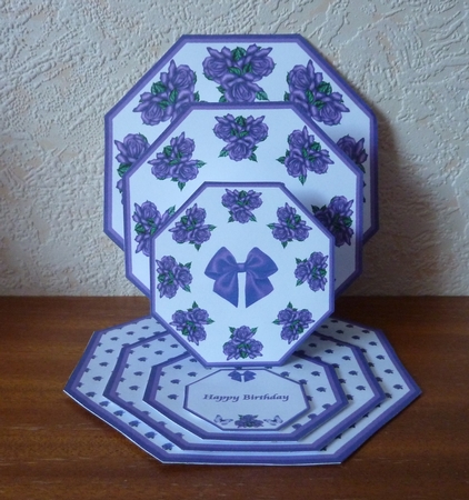 Violet roses octagonal triple easel card with matching envelope. by Anne Jackson