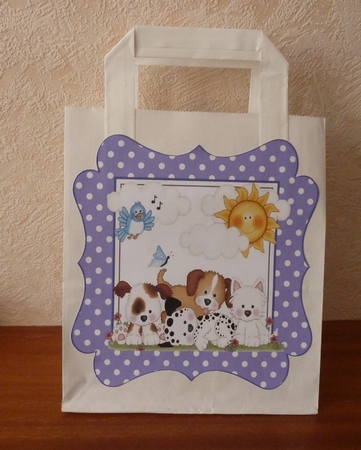cute little puppies with little blue bird  & clouds purple polka dot frame 8x8 by Anne Jackson