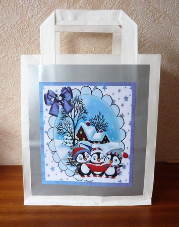 A Trio of Carol singing penguins with snow scene (Purple) 8x8 by Anne Jackson