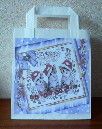 Three cute kitties in santa hats with bow in purple star frame with flowers 8x8 by Anne Jackson