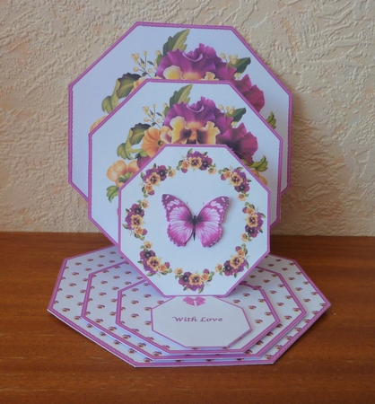 Pansies and butterfly octagonal triple easel card with matching envelope by Anne Jackson