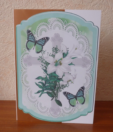 Silver Easter cross in Turq and lace bracket card with butterflies by Anne Jackson