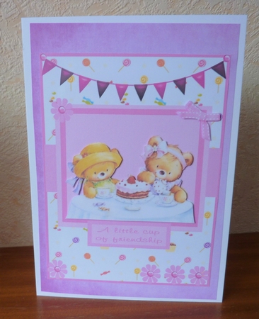 Friendship or birthday greeting card with bears drinking tea by Anne Jackson