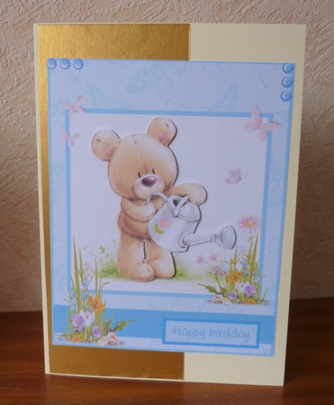 Happy birthday card with bear and watering can by Anne Jackson