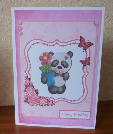 Birthday greeting card with panda and flowers by Anne Jackson