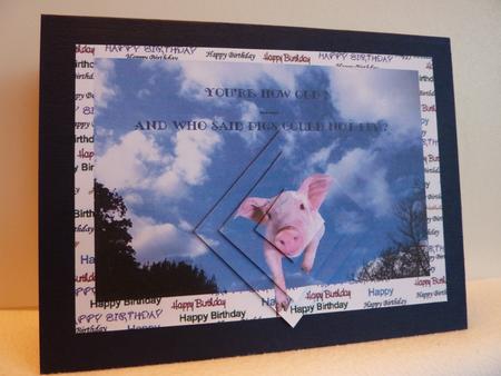 Flying Pig in Sky You Are How Old Fun Pyramid Birthday Card by Anne Jackson