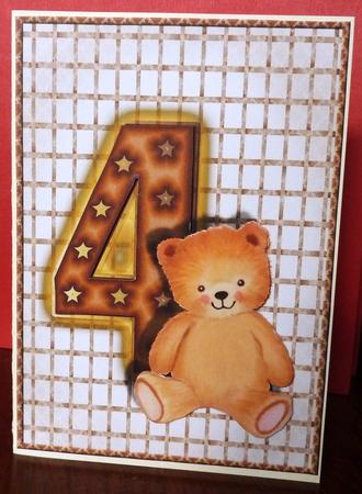 Age Four Teddy Bear Card Front with Decoupage by Anne Jackson