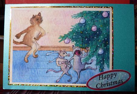 Cat & Mice Rocking Around the Christmas Tree Pyramid Topper by Anne Jackson