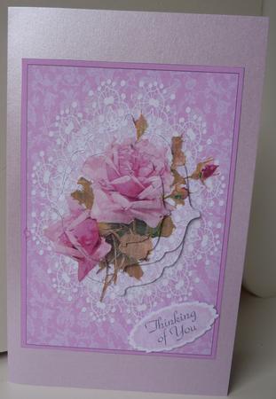 Pink Rose on Lace & Pink Brocade - Card Front with Pyramage by Anne Jackson