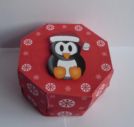 Cute Red Octagon Gift Box with 3D Penguin Topper by Anne Jackson