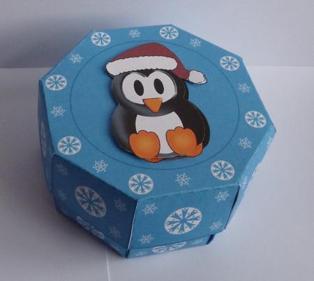 Cute Blue Octagon Gift Box with 3D Penguin Topper by Anne Jackson