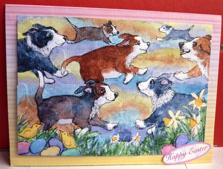 Pups Hunting Easter Eggs Wavy Corner Stacker Topper by Anne Jackson