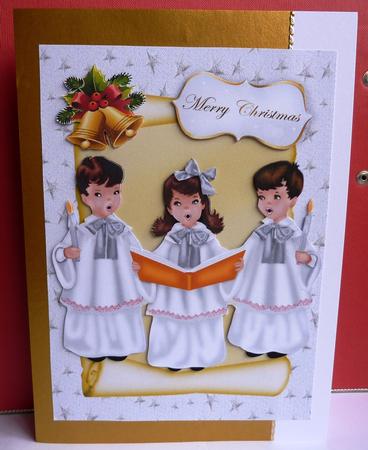 Carol Singers in White with Bells on a Scroll A4 by Anne Jackson
