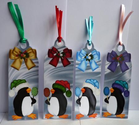 Christmas Penguins in Santa Hats with Bows by Anne Jackson