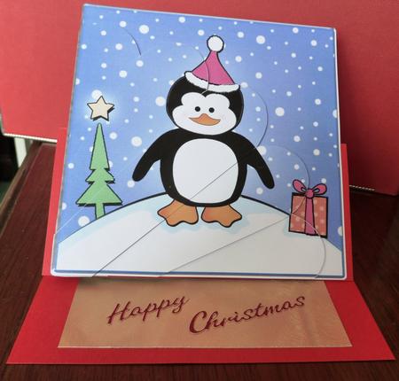 Cute Xmas Penguin Quick Card with Fan Pyramage Topper by Anne Jackson