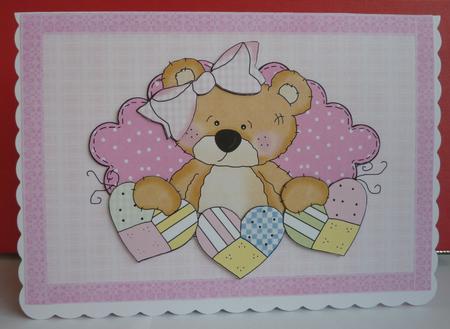 Adorable Baby Girl Teddy with Patchwork Hearts by Anne Jackson