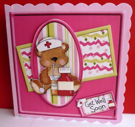 Get Well Soon Pink Teddy Square Card Topper by Anne Jackson