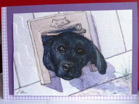Black Lab Pup with Head Out of Cat Flap Wavy Corner Stacker by Anne Jackson