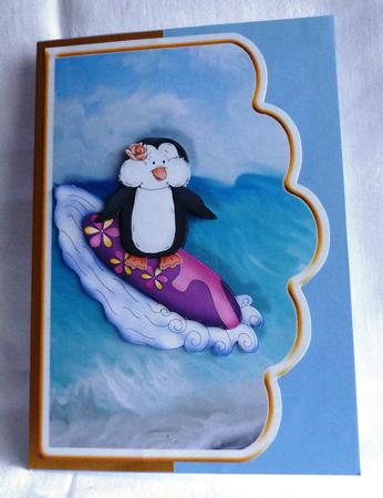 Penguin Surfer Dudette Scallope Curve Card by Anne Jackson