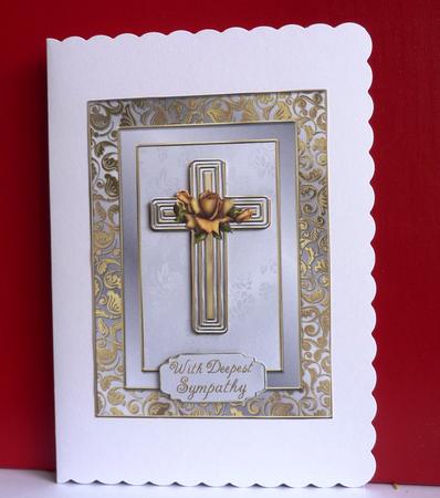 Elegant Golden Cross Sympathy Card Front with Decoupage by Anne Jackson