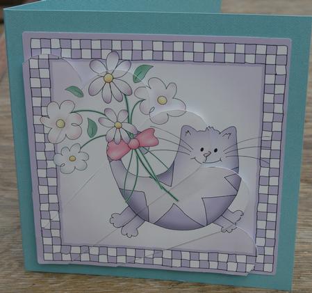 Cute Cat Quick Card with Fan Pyramage Topper by Anne Lockwood