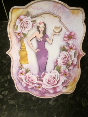 Lady with Heart and Pink Roses in Tag Card Form by Anne-marie Wheeler
