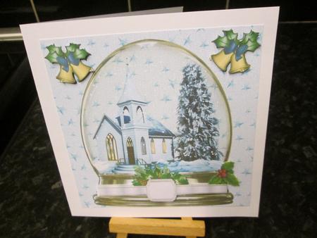 Beautiful Church in a Snowdome with Bells and Holly 8x8 by Anne-marie Wheeler