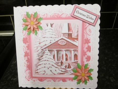 Pretty in Pink! Snow Scene with Church 8x8 by Anne-marie Wheeler