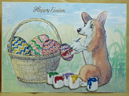 A4 Corgi Dog Painting Easter Eggs by Anne Perks