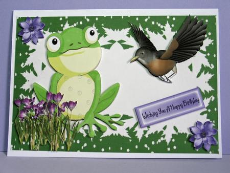 Cute Frog & Bird, Playing in the Purple Flowers by Anne Perks