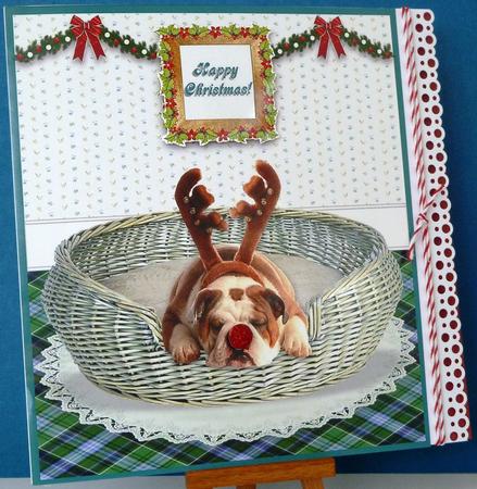 Christmas Reindeer Puppy Dog in a Basket Card Topper by Anne Ray