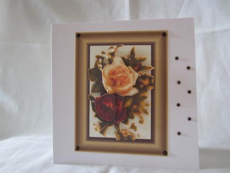 3D Autumn Tones Gold Frame Card Roses Red and Cream by Anne Taft